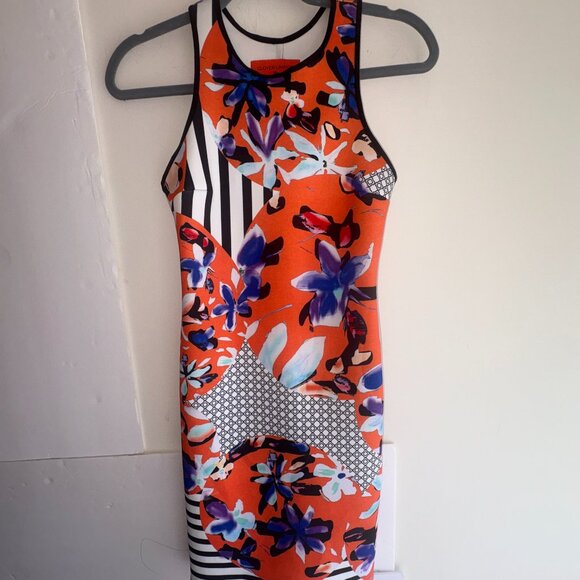Clover Canyon Floral Discs XS Orange/Black Neoprene Scuba Sheath Dress Bodycon - Picture 1 of 8